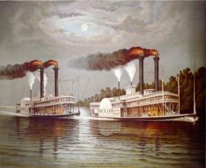 Een schilderij van twee Mississippi Steamers