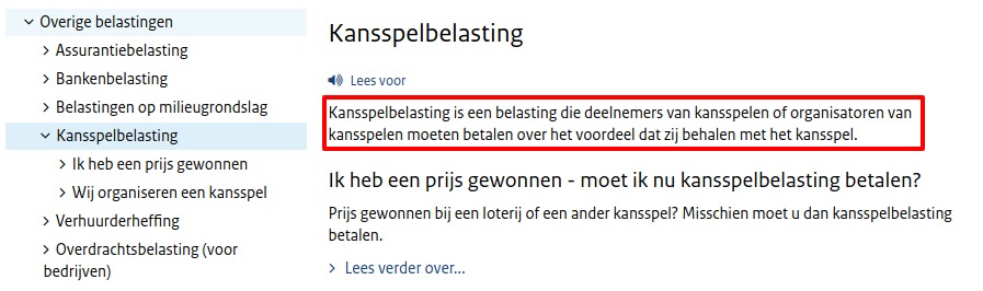 onlinecasino.nl schermafbeelding belastingdienst kansspelbelasting pagina